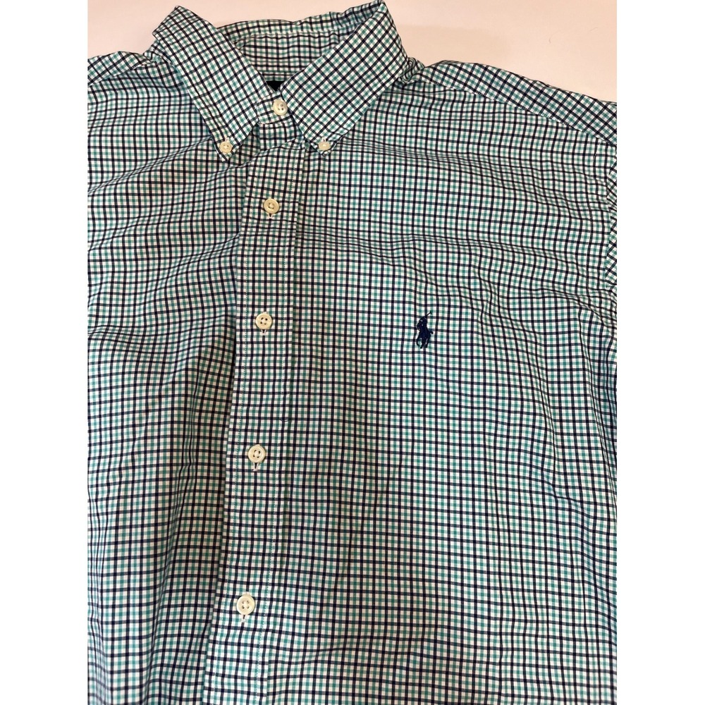 Ralph Lauren Mens Short Sleeve Button Down Check Shirt L Green Preppy Office Ivy